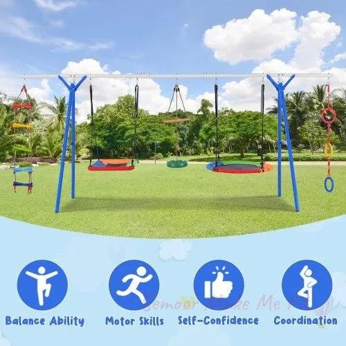 5 - in - 1 Outdoor Toddler Swing Set, Playground Swing Set With Steel Frame, Multifunctional Playset For Kids With Climbing Ladder, Saucer Swing, Monkey Pole Swing, Disc Swing And Swing Ring - Semoor Make Me Fit