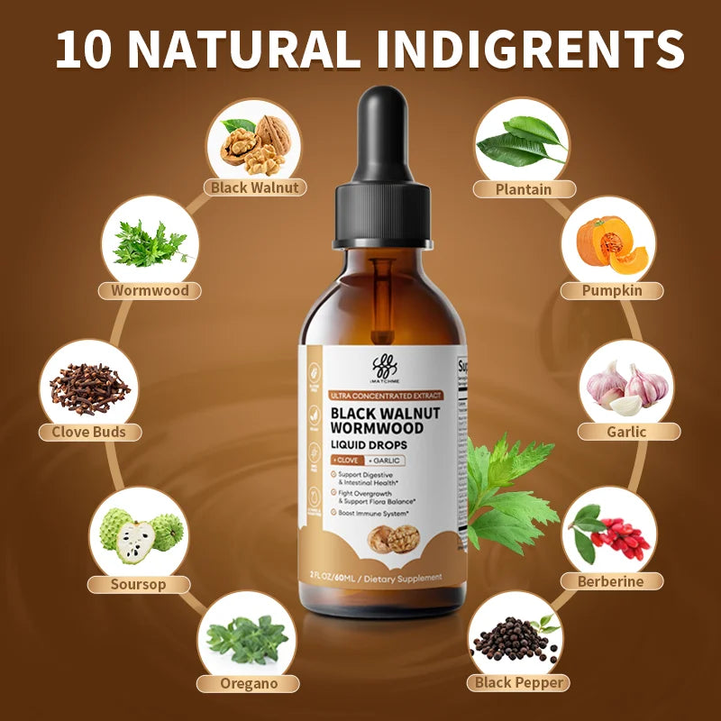 Organic Black Walnut Drop with Wormwood Clove & Garlic, Herbal Supplement for Gut Cleanse Detox and Digestive Well-Being