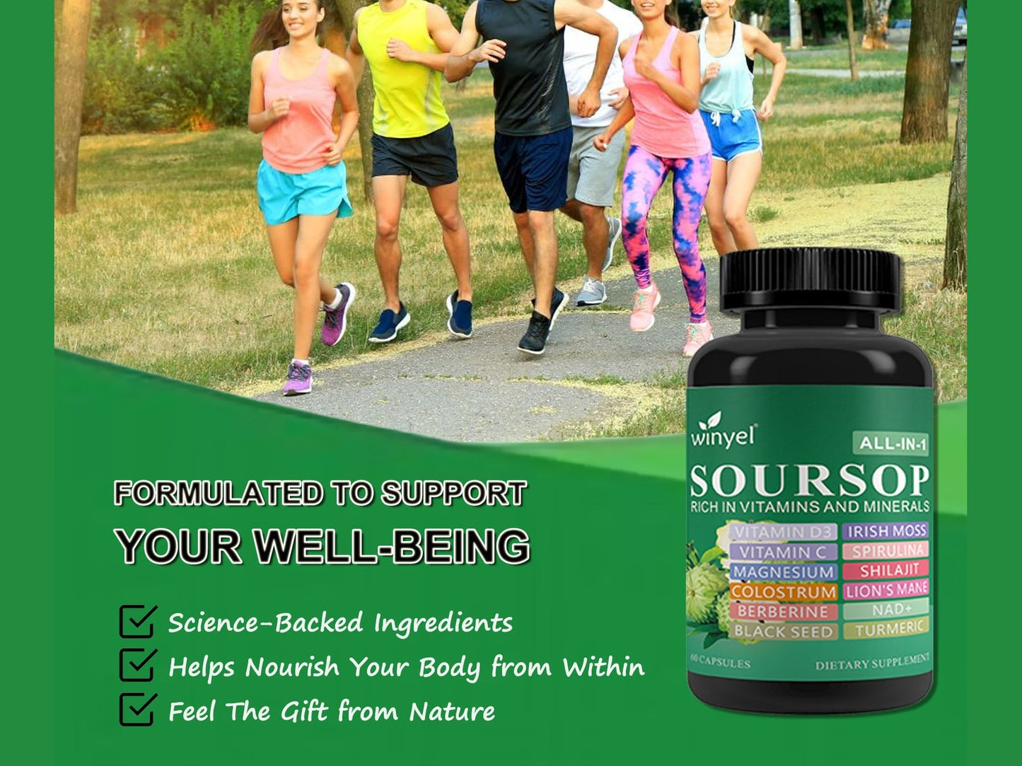 Soursop Supplement Containing 20 Herbal Extracts Including Seaweed, Lion's Mane Mushroom, Turmeric, Black Seed Oil, Oregano, And Mullein, Promoting Overall Health. Vegan, 60 Capsules.