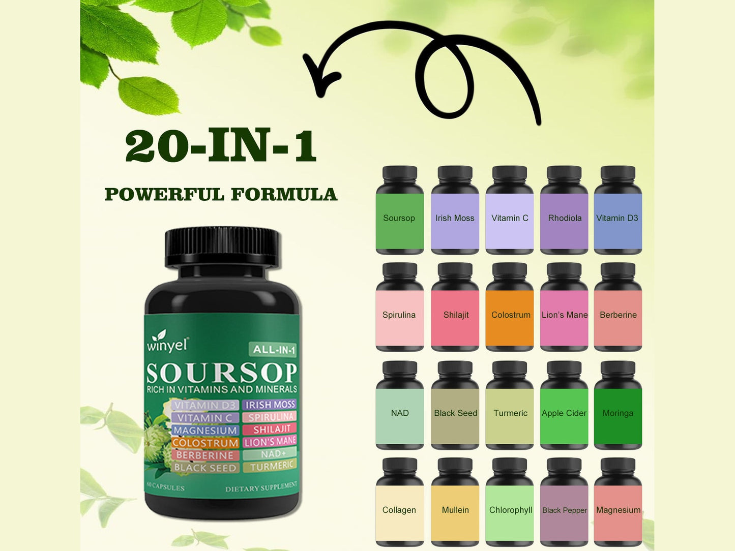 Soursop Supplement Containing 20 Herbal Extracts Including Seaweed, Lion's Mane Mushroom, Turmeric, Black Seed Oil, Oregano, And Mullein, Promoting Overall Health. Vegan, 60 Capsules.