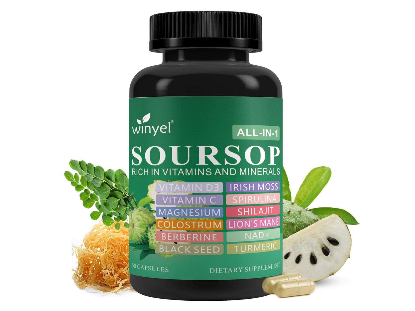 Soursop Supplement Containing 20 Herbal Extracts Including Seaweed, Lion's Mane Mushroom, Turmeric, Black Seed Oil, Oregano, And Mullein, Promoting Overall Health. Vegan, 60 Capsules.