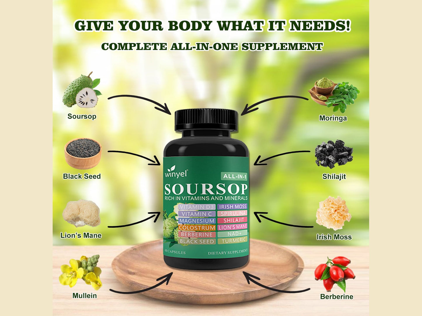 Soursop Supplement Containing 20 Herbal Extracts Including Seaweed, Lion's Mane Mushroom, Turmeric, Black Seed Oil, Oregano, And Mullein, Promoting Overall Health. Vegan, 60 Capsules.