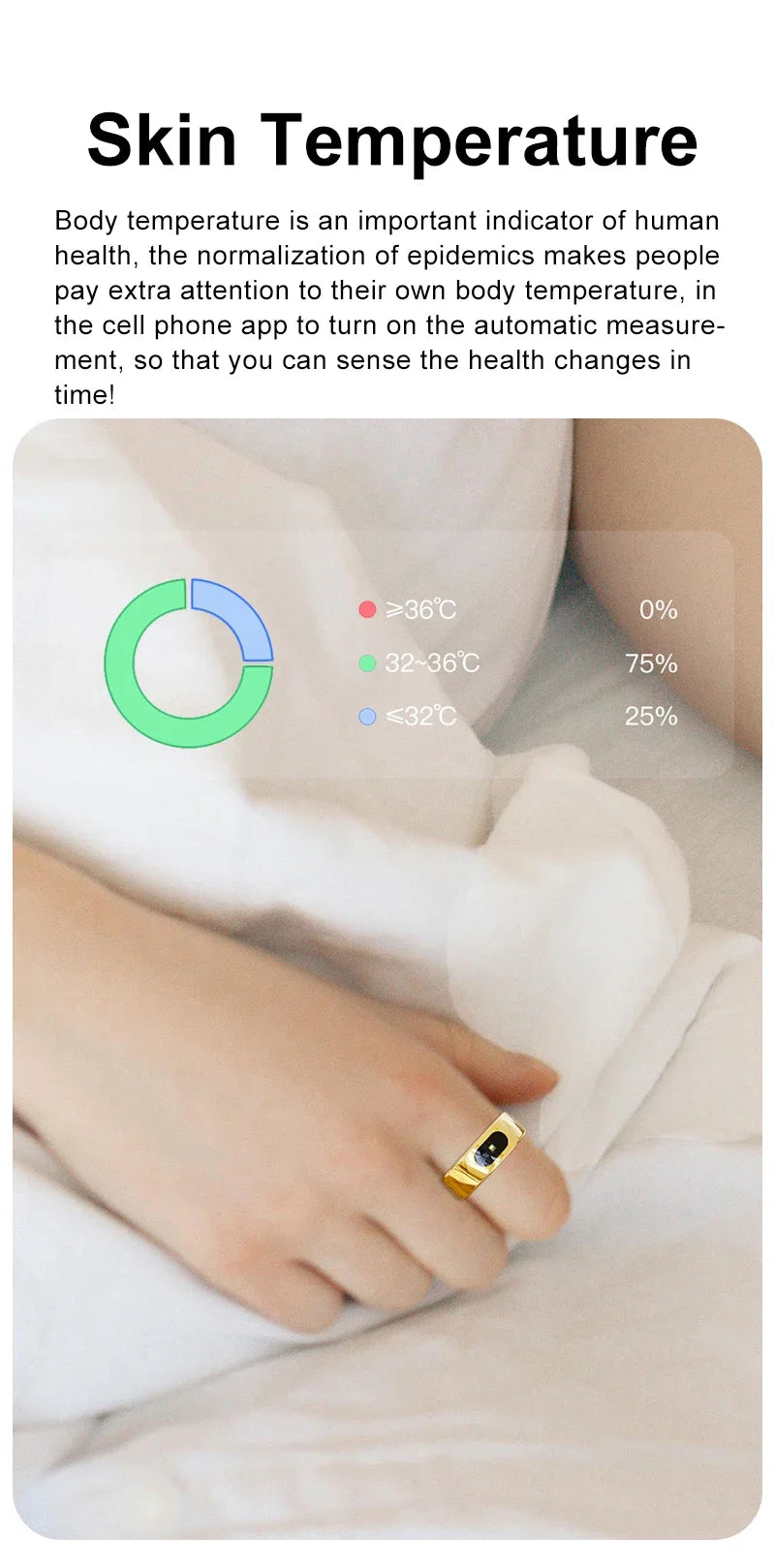 Smart Ring Health and Sleep Tracker Heart Rate Blood Oxygen Monitor Body Temperature Music/Video/Camera Control 5ATM Waterproof