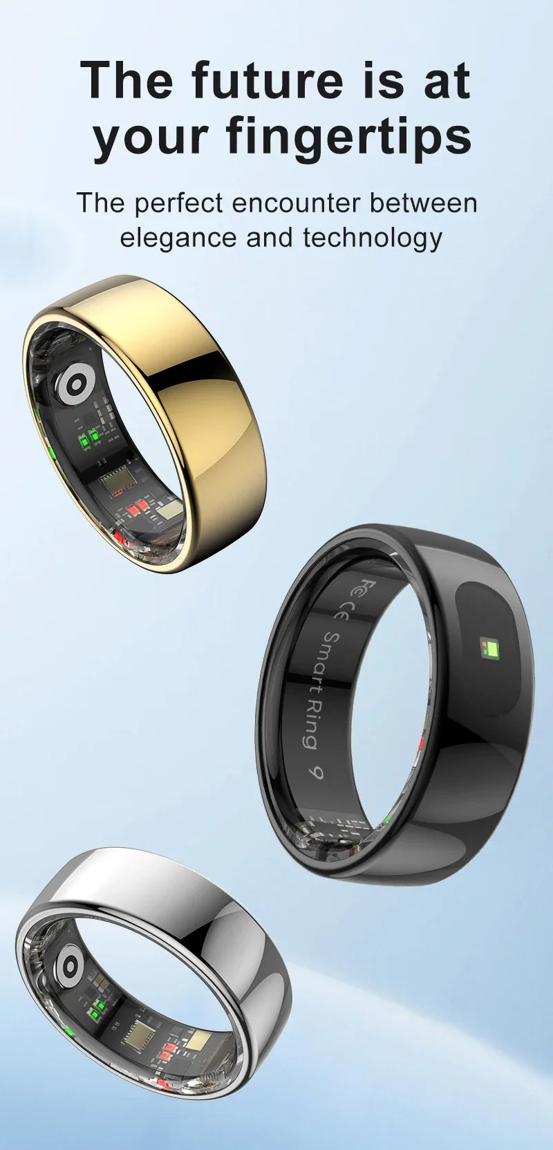 Smart Ring Health and Sleep Tracker Heart Rate Blood Oxygen Monitor Body Temperature Music/Video/Camera Control 5ATM Waterproof