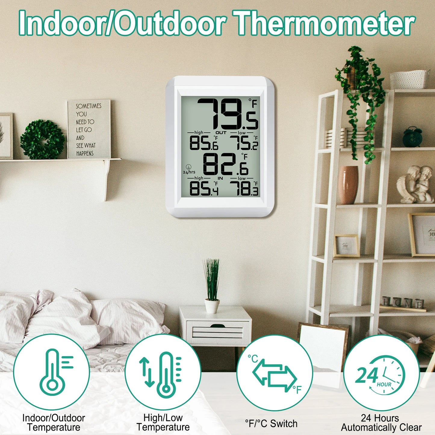 Smart Wireless  Digital Thermometer- Indoor/Outdoor Temp Monitor with Min/Max Records 100m Range Wall Mountable for  Home Office