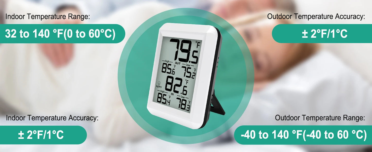 Smart Wireless  Digital Thermometer- Indoor/Outdoor Temp Monitor with Min/Max Records 100m Range Wall Mountable for  Home Office