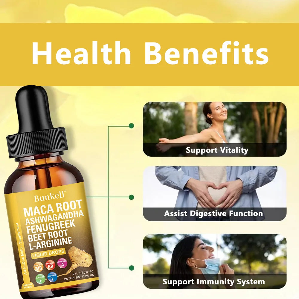 Organic Maca Root Liquid Drops with Ashwagandha, Fenugreek, Beet Root and L-Arginine Liquid Multivitamin for Women and Men