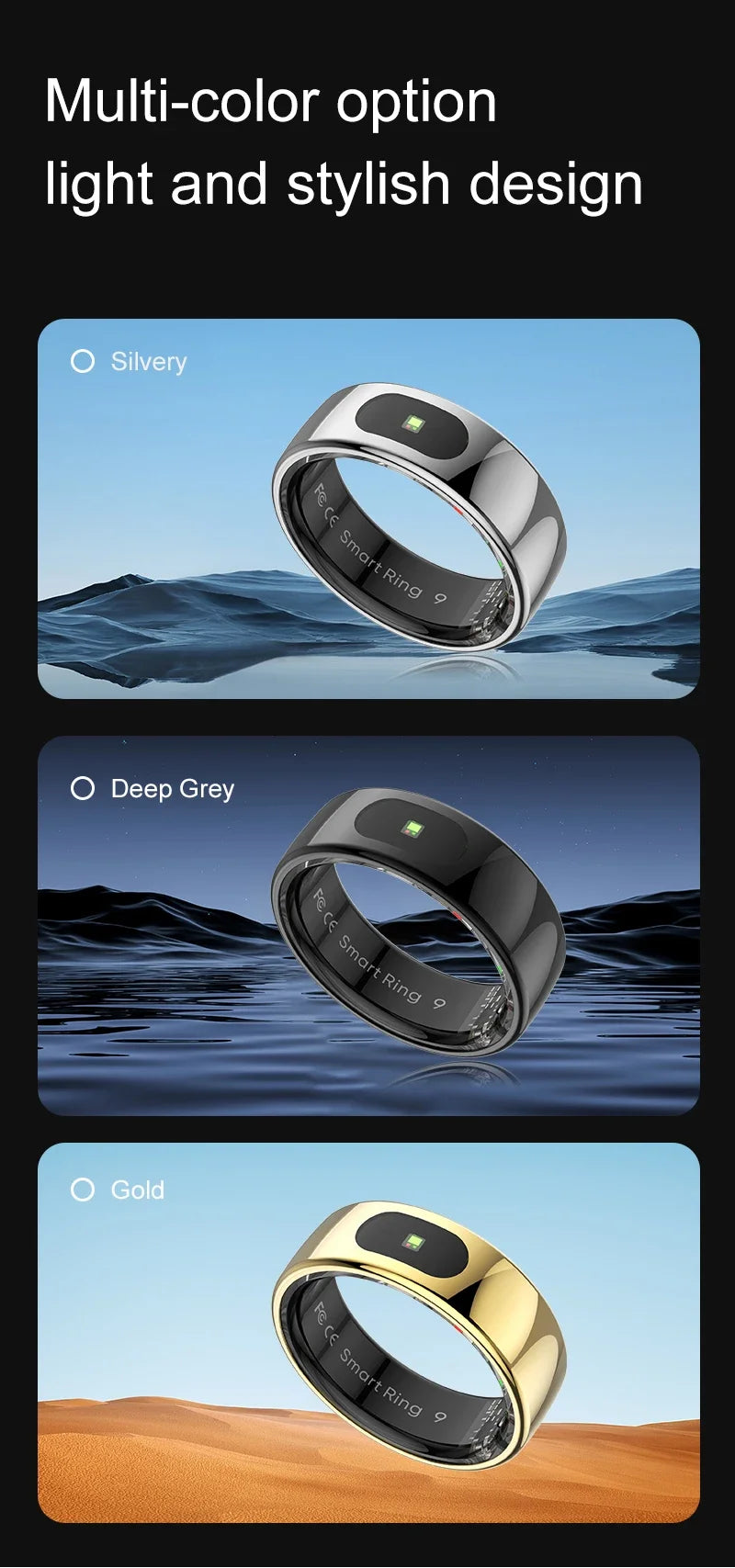 Smart Ring Health and Sleep Tracker Heart Rate Blood Oxygen Monitor Body Temperature Music/Video/Camera Control 5ATM Waterproof