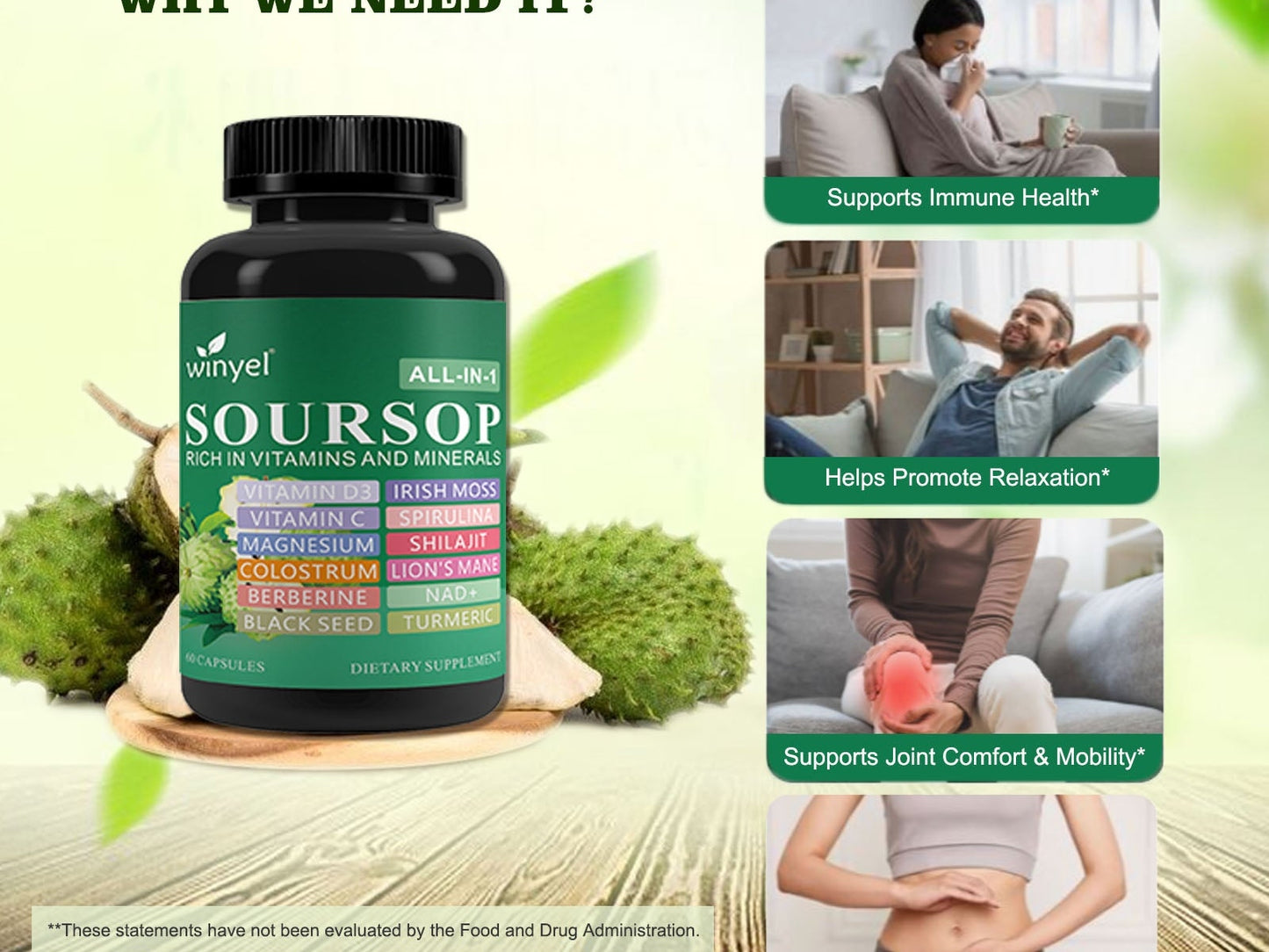 Soursop Supplement Containing 20 Herbal Extracts Including Seaweed, Lion's Mane Mushroom, Turmeric, Black Seed Oil, Oregano, And Mullein, Promoting Overall Health. Vegan, 60 Capsules.