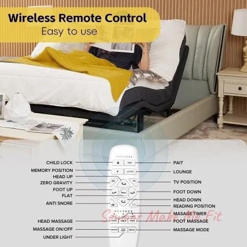 Ergonomic Queen Size Adjustable Bed, Zero Gravity Base For Stress Management WHead And Foot Incline, Wireless Remote Control, Massage, Under - Bed Nightlight, And USB Ports - Semoor Make Me Fit