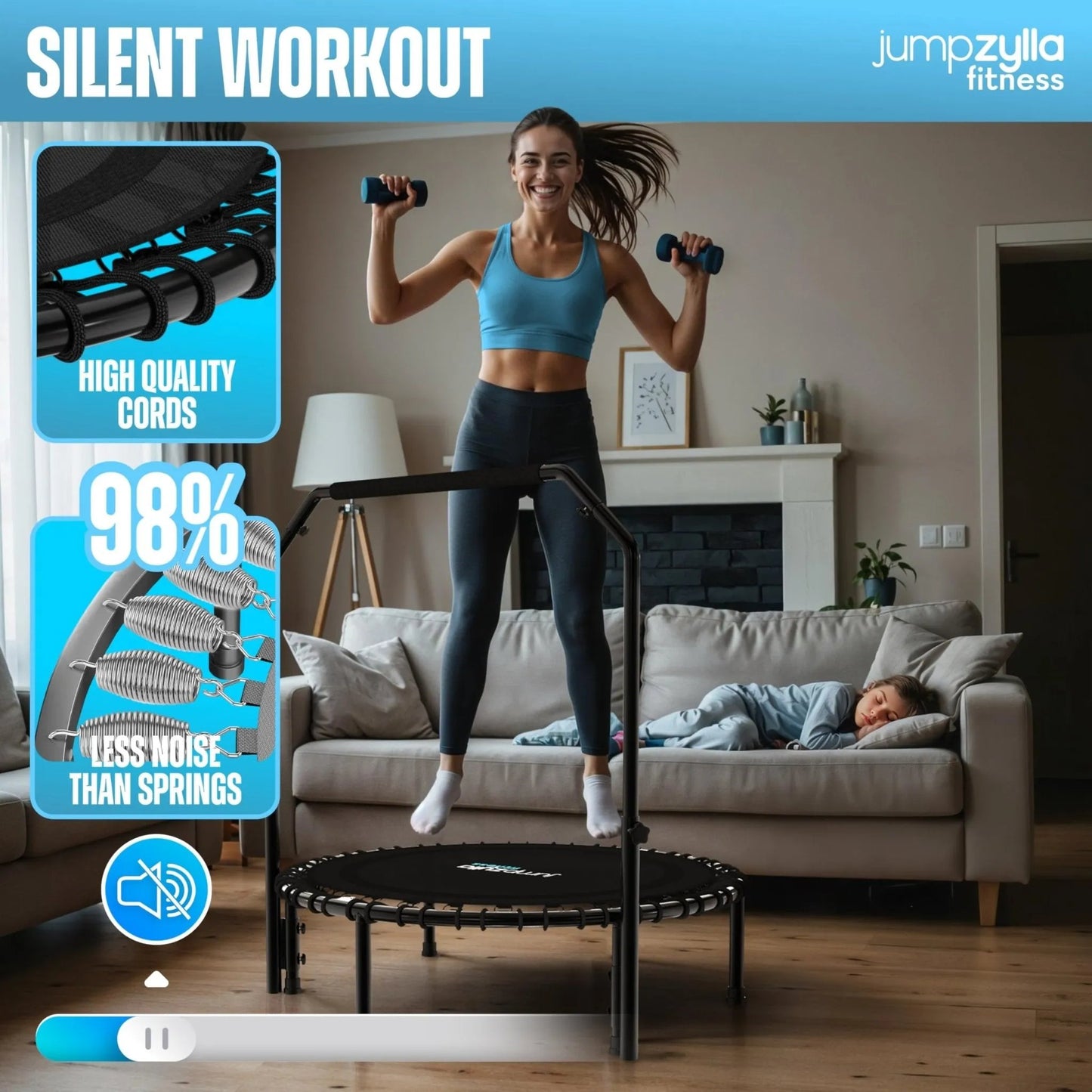 Jumpzylla Fitness Trampoline 40" or 48" | Foldable Mini Rebounder Trampoline for Adults with Bar | Durable, Quiet, Low - Impact Exercise Equipment for Indoor and Home Workouts (550 LBS Capacity) - Semoor Make Me Fit