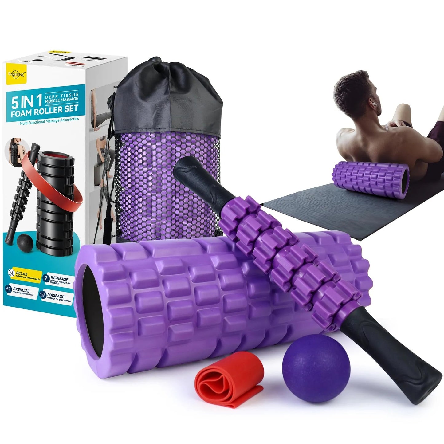 Krightlink 5 in1 Foam Roller Set for Deep Tissue Muscle Massage, High Density Fitness Exercise Foam Roller, Massage Roller, Massage Ball, Resistance Band, for Whole Body (Black) - Semoor Make Me Fit